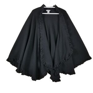 Sutton Studio Black 100% Wool Ruffle Trim Poncho Wrap Made in Italy Womens OS